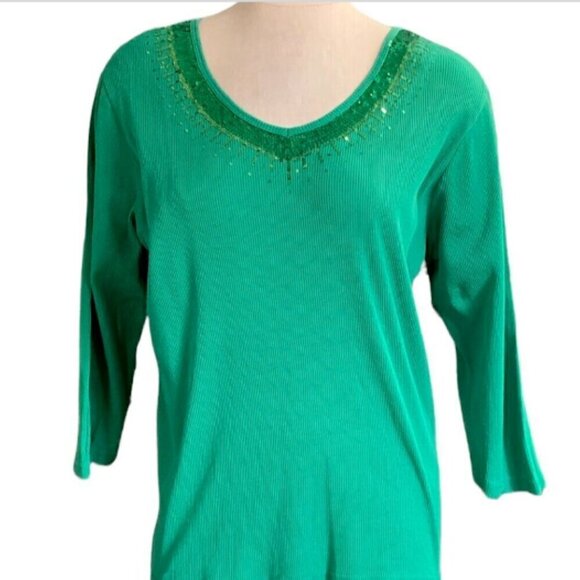 Quacker Factory Green Sequin Rib Knit V-Neck Top Side Slits Sz L #19407 - Picture 1 of 8
